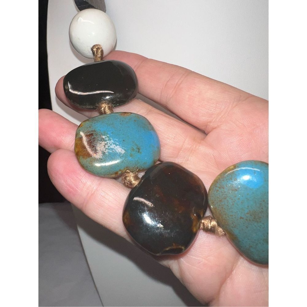 Vintage Large Multi Agate and Gemstone and Wood Beads on Taupe Tie Silk Ribbon - Picture 3 of 11